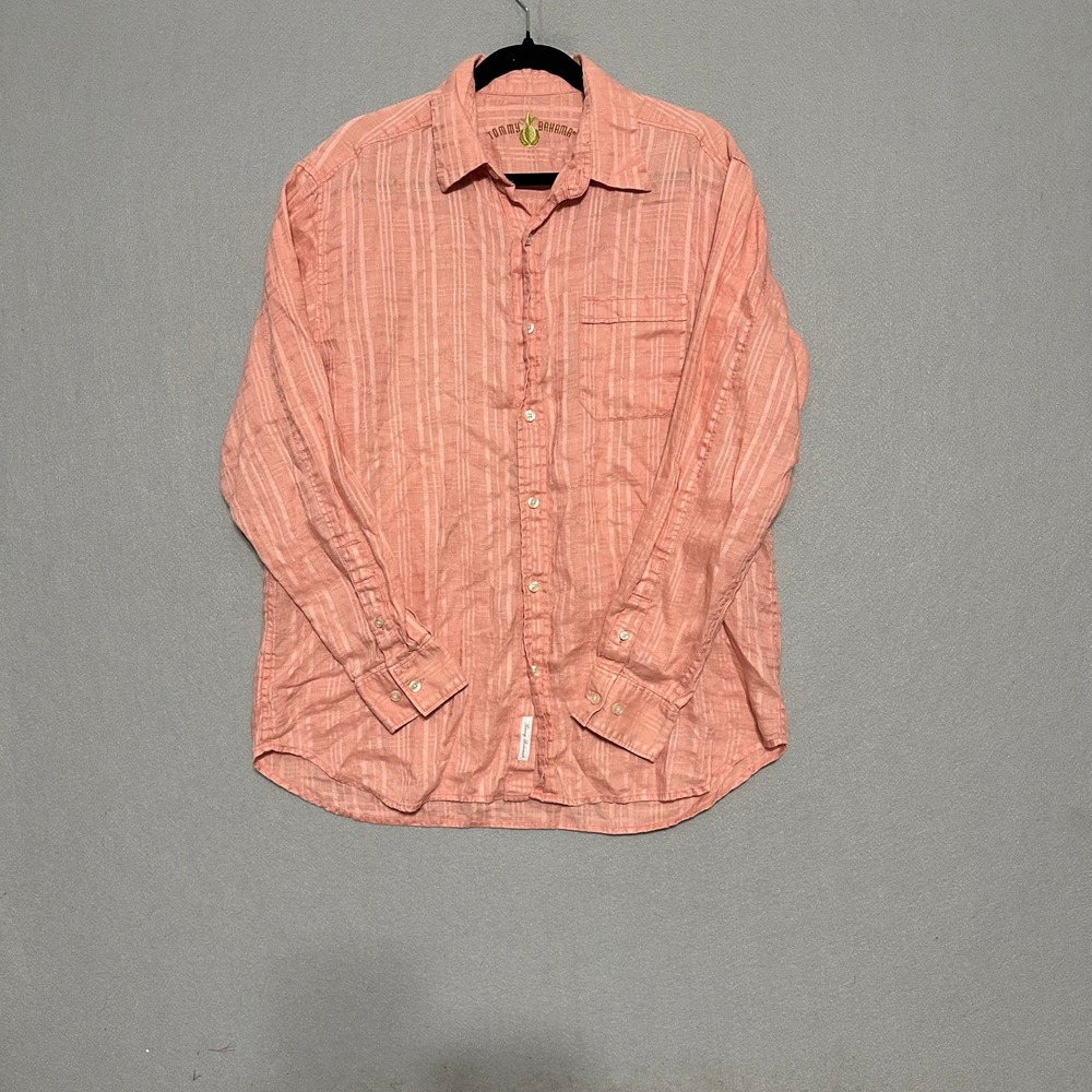 Tommy Bahama Mens Coral Pink 100%‎ Linen Plaid Long Sleeve Button Down Shirt M